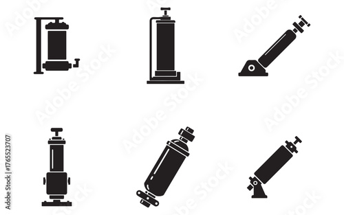 Collection of Industrial Filter Components and Shock Absorbers in Black Silhouette on White Background Demonstrating Engineering Design