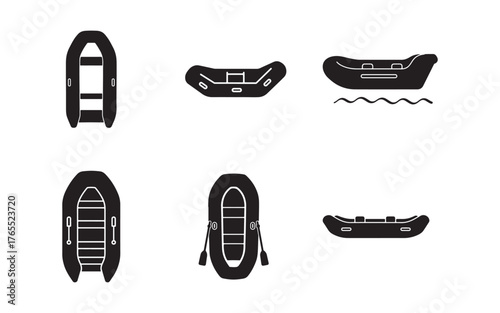Collection of Inflatable Raft Silhouettes for Outdoor Adventure and Water Sports Vector Illustration on White Background