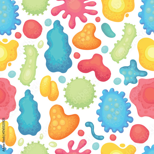 Seamless Pattern Background with Germs, Viruses, Bacteria, Microbe, Bacillus. Hand Drawn Wallpaper Repeated Microorganisms Isolated on White Background