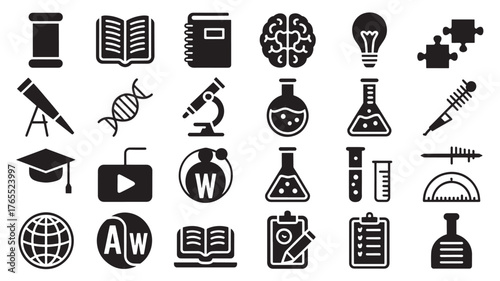 Science and education icon set black glyph vector illustration for learning research and knowledge representation isolated on white background