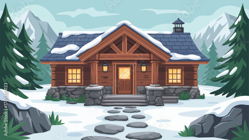 A cozy log cabin nestled in a snowy winter landscape with mountains and evergreen trees in the background