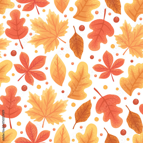 Fall leaves seamless pattern. Autumn foliage vortex repeat design. Hand drawn autumnal background. Dry maple leaf, golden yellow birch, red rowan, etc. Thanksgiving backdrop vector illustration