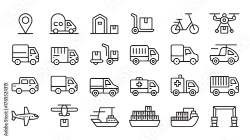Set of transportation and delivery icons simple line vector symbols for logistics and shipping services isolated on white background