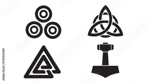 Set of minimalist Norse mythology icons simple flat vector design elements isolated on white background