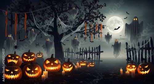Spooky Halloween Night Glowing JackoLanterns Eerie Ghosts Cobwebbed Tree and Full Moon.