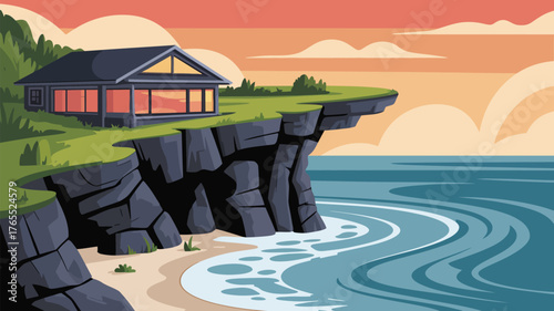 A house on a cliff overlooking the ocean during a vibrant sunset with trees and a sandy beach below