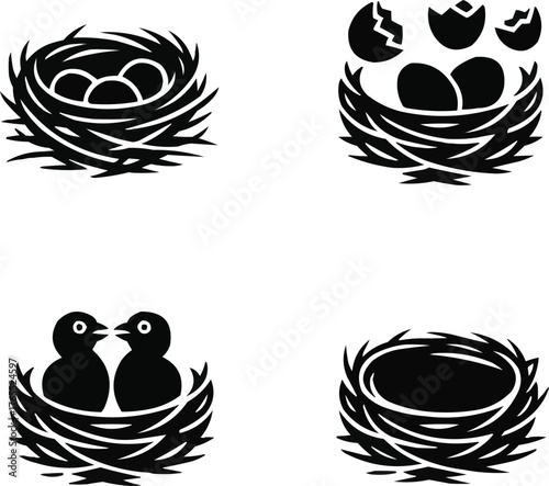 Bird Nest Glyph Icon Set  Solid Nests and Eggs Silhouette Collection