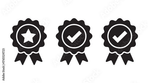 Set of quality badge icons vector illustration of approval symbols with ribbons isolated on white background