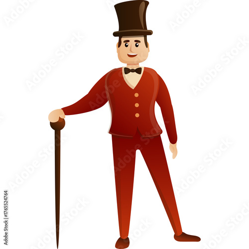 Cartoon Man In A Red Suit And Top Hat Holding A Cane Standing Against A Transparent Background.