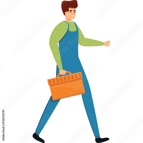 Cartoon Man In Blue Overalls And Light Green Long Sleeve Shirt Carrying Orange Toolbox Walking With Transparent Background