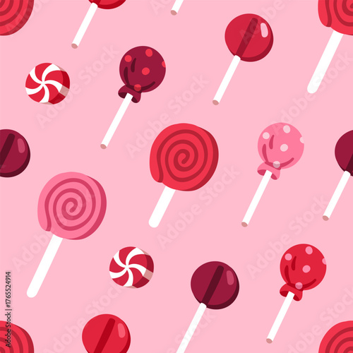 Lollipop, candies pattern. Seamless endless background with sweets, confectionery, sugar snacks. Lolly texture design, repeating print for textile, fabric, wrapping paper. Flat vector illustration.
