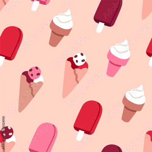 Ice cream pattern. Seamless background, endless texture design with icecream cones, popsicles. Repeating print with frozen summer dessert, sweet cold food. Printable flat vector illustration