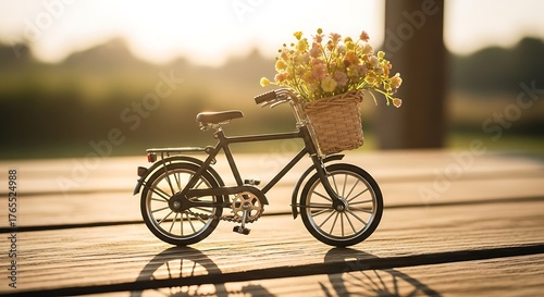Miniature bicycle with basket brimming with colorful wildflower blooms