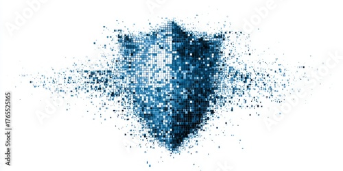 Digital shield disperses into tiny squares against a white background.