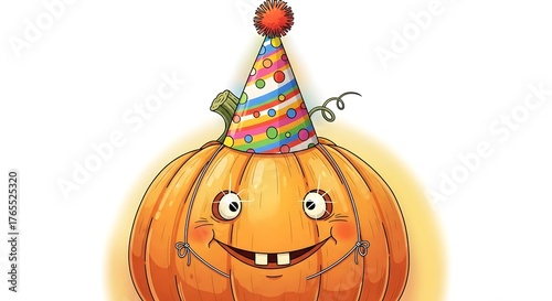 Whimsical Cartoon Pumpkin Character Wearing a Colorful Party Hat and Smiling.