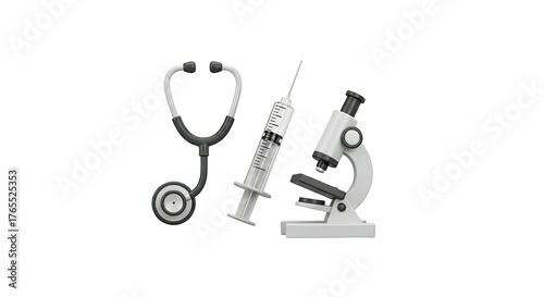 Healthcare and science equipment with stethoscope syringe and microscope