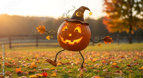 Whimsical Halloween Pumpkin Character Dancing in Autumnal Sunset Field.