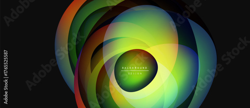 Abstract colorful layers create dynamic circular design. Bright gradients blend, forming vibrant visual effect. Modern background element.