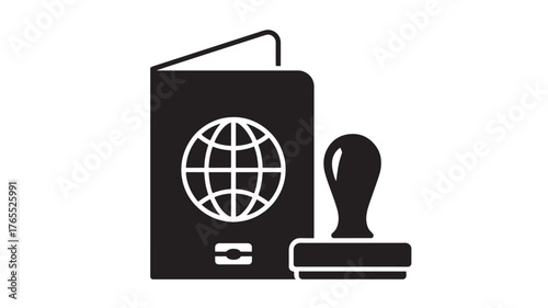 Passport and stamp icon simple black glyph vector illustration isolated on white background for travel documents