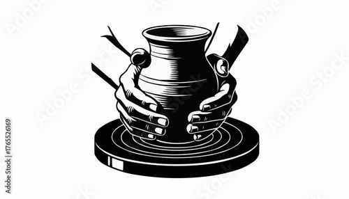 Skilled hands expertly shape clay on a potter's wheel creating art and craft
