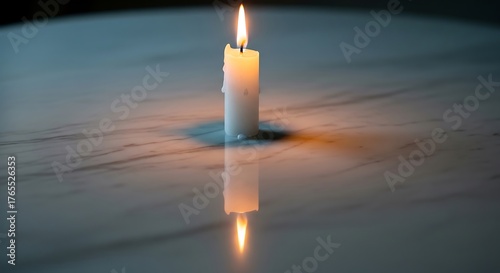 Solitary candle casting a warm glow on a reflective marble surface