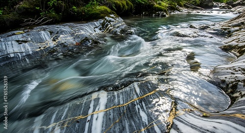 Serene stream flowing over striated rocks showcases nature's artistic formations and fluidity
