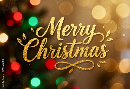 Merry Christmas greeting in an elegant gold glitter script. Festive holiday background with colorful bokeh lights.