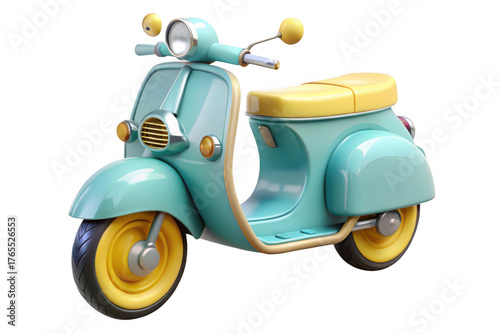 3d rendered retro scooter, vintage moped, classic motorbike, transportation vehicle, turquoise and yellow isolated on transparent background