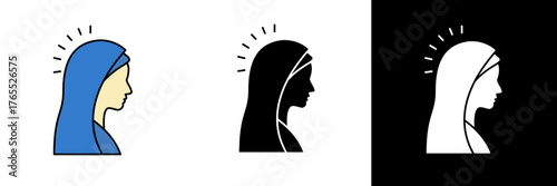 Elegant vector of the Virgin Mary in profile with a glowing halo. Good for religious events, holy day graphics, or spiritual-themed illustrations.