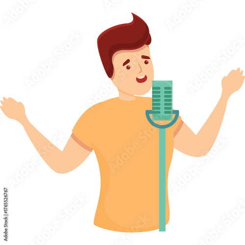 Cartoon Man Singing Enthusiastically Into A Teal Microphone With Arms Outstretched Against A Transparent Background