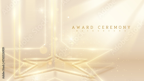 Award Ceremony Stage With Gold Neon Star Frame Decoration And Glitter Light With Bokeh Effect. Luxury Background Design Concept.