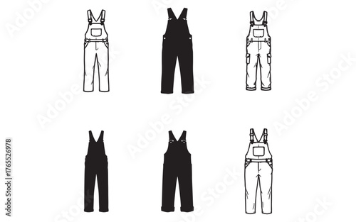 Collection of Overalls Illustrations in Black and White Vector Design Elements For Fashion and Workwear Industries