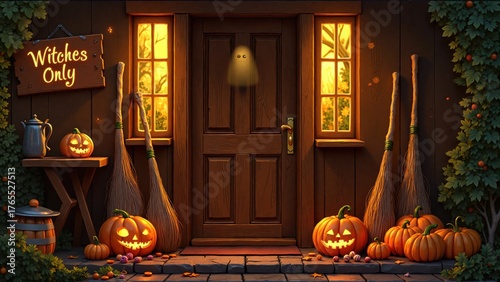 Witches Only Halloween Cafe with pumpkins and broomsticks in a spooky atmosphere