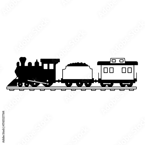 Classic steam locomotive and train cars on tracks, an iconic black and white outline illustration representing vintage railroad transportation and industrial history in a simplified graphic