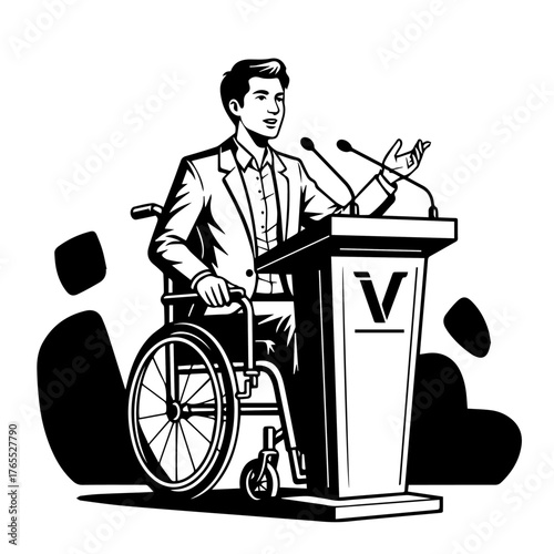 A man in a wheelchair stands at a podium delivering a speech, representing inclusivity and overcoming challenges