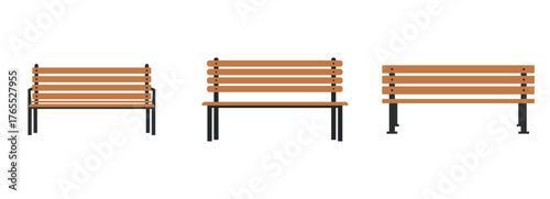 Wooden Park Bench Icon Set Flat Vector Illustration of Outdoor Seating, Garden Furniture, and Urban Public Park Benches in Minimal Design