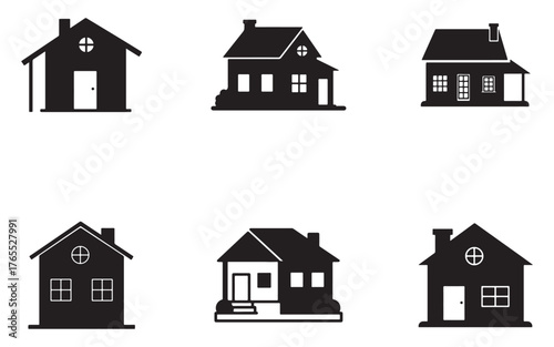 Collection of Six Black and White House Icons Representing Real Estate and Home Ownership Concepts