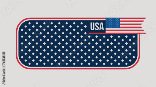 A graphic with a rounded rectangle filled with blue and white diamonds and an american flag overlay