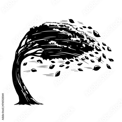 A powerful vector illustration of a windswept tree with leaves scattering in a strong gale, symbolizing nature's force and resilience