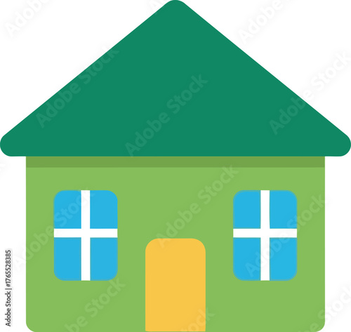 Simple cartoon green house with yellow door and blue shutters