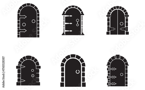 Collection of Six Unique Silhouette Medieval Doors with Stone Arches Ideal for Game Design and Architectural Visualization
