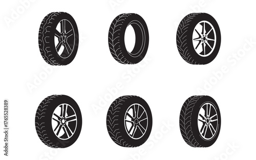 Collection of Six Different Car Tires in Black and White Depicting Various Tread Patterns and Rim Designs for Automotive Industry