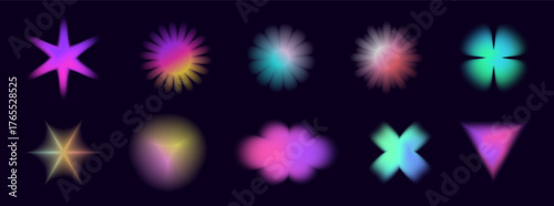 Neon Y2K gradient flowers and stars with soft blur and holographic glow. Pink, blue, and purple tones create a dreamy futuristic vibe. Perfect for trendy digital art and retro posters.