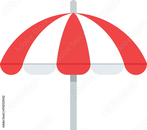 Bright red and white striped beach umbrella providing shade and protection from the sun