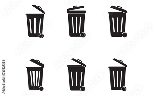 Collection of Trash Can Icons in Black and White for Waste Management and Recycling Design