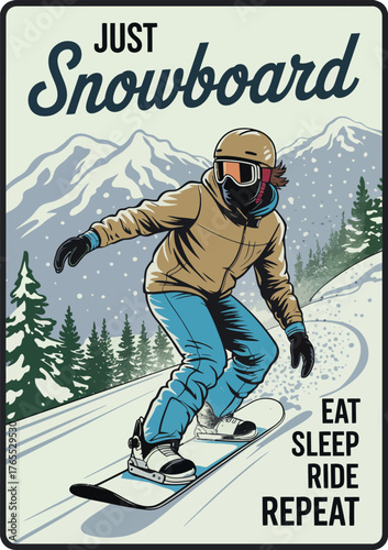 Snowboarder having fun descending a snowy mountainside in retro-inspired artwork, perfect for winter sports lovers, outdoor activity promotions, and vintage adventure-themed graphic designs.