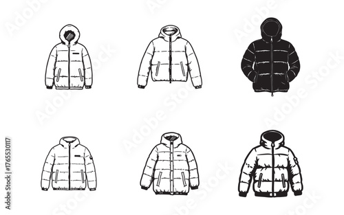 Collection of Winter Puffer Jackets in Various Styles and Colors Hand Drawn Fashion Illustrations for Apparel Design and Marketing