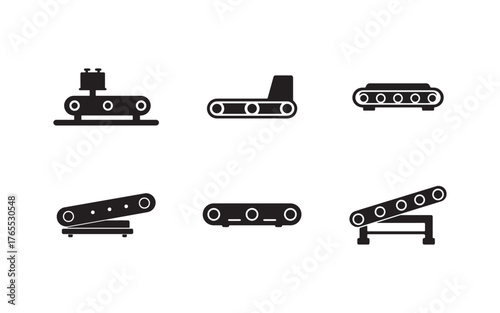 Conveyor Belt Icons Set in Black and White Demonstrating Automated Production and Manufacturing Process Control with Flat Design Style