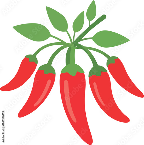 Vibrant red chili peppers arrangement with green leaves food ingredient design
