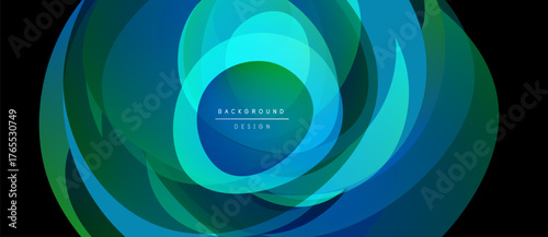 Abstract swirling layers, vibrant blues, greens create dynamic visual effect. Center text reads background design. Modern, flowing composition.